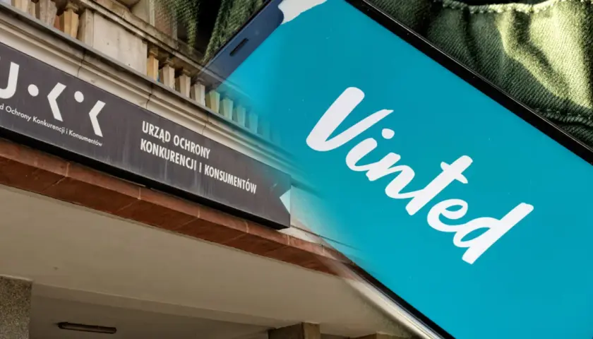 Tablica Urzędu Ochrony Konkurencji i Konsumentów obok ekranu telefonu z logo Vinted. Zapewnia to ochronę kupujących Vinted.