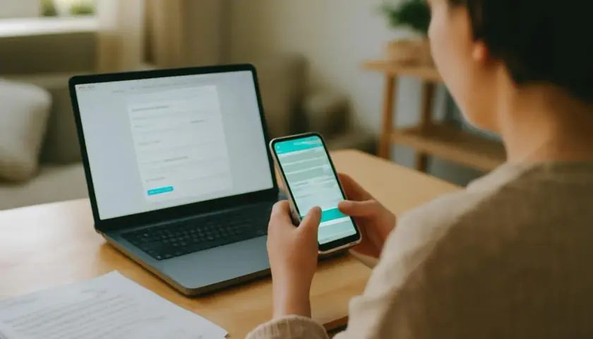 Personne utilisant un téléphone et un ordinateur portable pour gérer une réclamation Vinted.