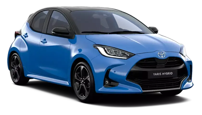 Niebieski Toyota Yaris Hybrid z czarnym dachem. Poznaj jego kompaktowe toyota yaris wymiary, idealne do miasta.