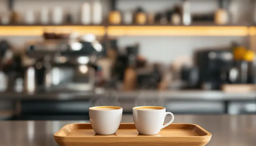 Dwie białe filiżanki parującego espresso na drewnianej tacy. Idealne proporcje dla miłośników kawy.