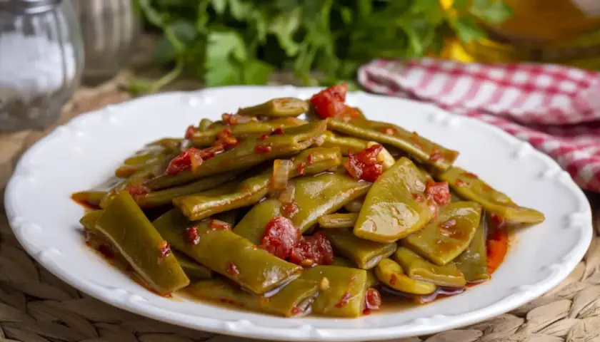 Judías verdes tiernas salteadas con tomate y un toque de jamón, un plato casero lleno de sabor.
