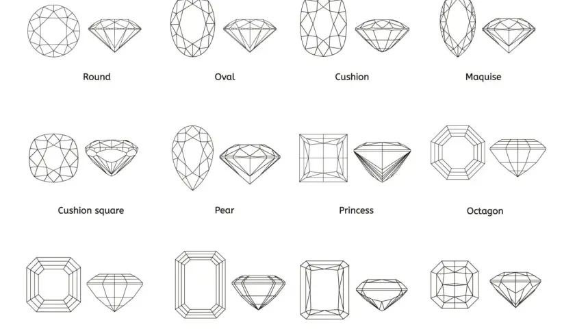 Übersicht verschiedener Diamanten Arten: Round, Oval, Cushion, Maquise, Pear, Princess, Octagon, Emerald, Radiant.