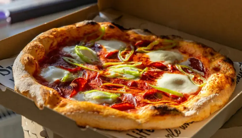 Pyszna pizza z pepperoni, mozzarellą i papryką, która przypomina o bogatej historii pizzy.