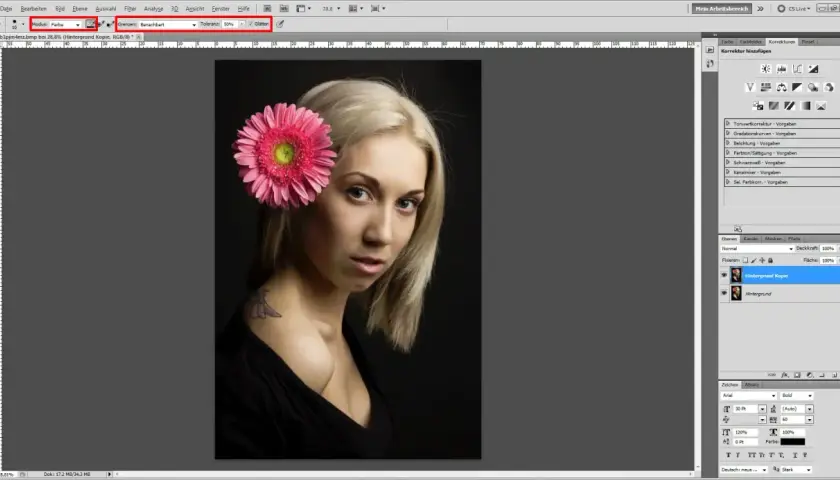 Frau mit rosa Blume im Haar, Photoshop-Werkzeuge für die **photoshop change color of object** sind sichtbar.