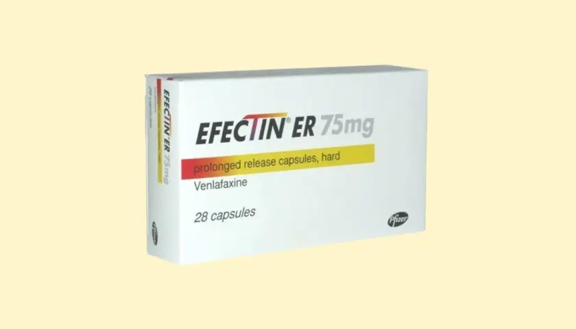 Opakowanie leku Efectin ER 75mg, zawierające 28 kapsułek o przedłużonym uwalnianiu z wenlafaksyną.