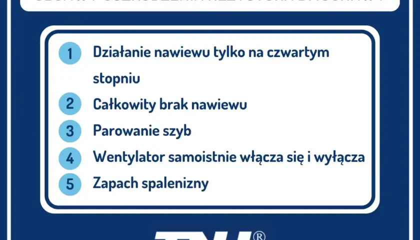 Grafika z listą objawów uszkodzenia rezystora dmuchawy: działanie tylko na 4. biegu, brak nawiewu, parowanie szyb, samoczynne włączanie wentylatora, zapach spalenizny.