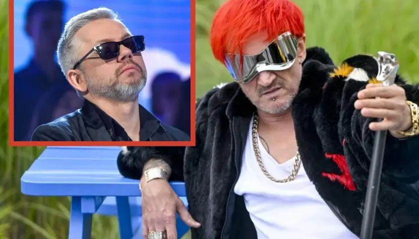 Ich Troje, ich piosenki alfabetycznie. Wesoły muzyk z czerwonymi włosami i w okularach, obok wizerunek wokalisty z siwymi włosami.