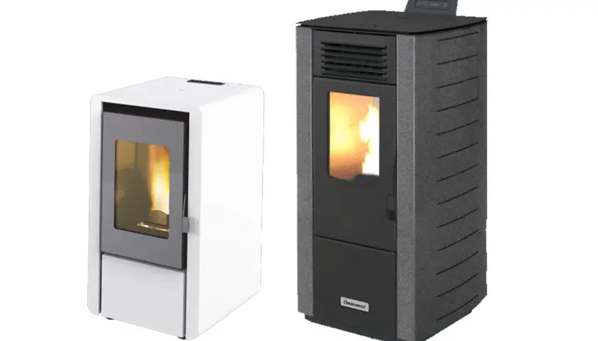 Två moderna pelletskaminer, en vit och en mörkgrå, med synliga lågor. Perfekt för en mysig vinter med pelletskamin rea!