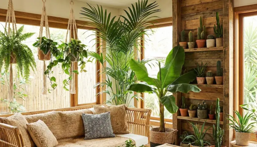 Un salon baigné de lumière, où les **motifs végétaux** des plantes luxuriantes créent une atmosphère tropicale apaisante. Canapé en rotin, coussins texturés.