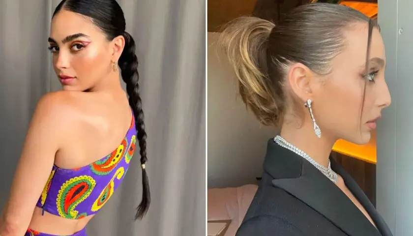 Dos mujeres con peinados recogidos. Una luce un top morado con estampado paisley y una trenza larga. La otra, de perfil, lleva un blazer negro y joyas brillantes. A pesar de los peinados, se percibe un ligero brillo que sugiere pelo graso.