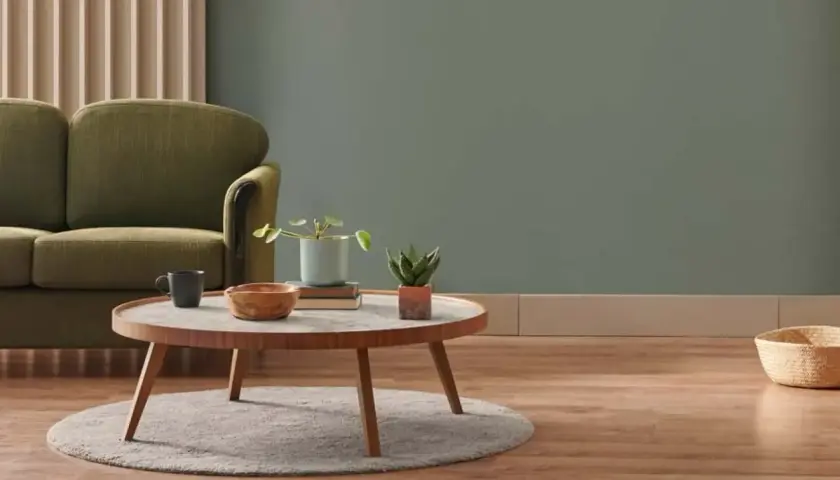 Gemütliches Wohnzimmer mit Sofa, Couchtisch und Pflanzen. Die Einrichtung ist in **neutralen Farben** gehalten, was eine beruhigende Atmosphäre schafft.
