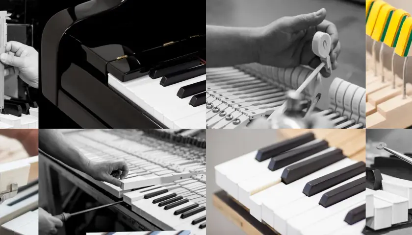 Detale budowy pianina: klawisze, młoteczki, mechanizm. Precyzja wykonania instrumentu.