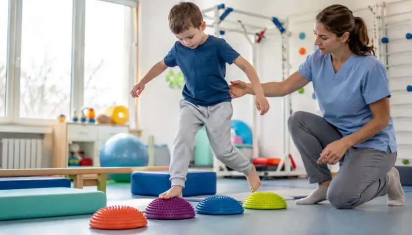 Chłopiec ćwiczy równowagę na poduszkach sensorycznych, a fizjoterapeutka asekuruje go. To część terapii, która może przypominać grę w boccia.