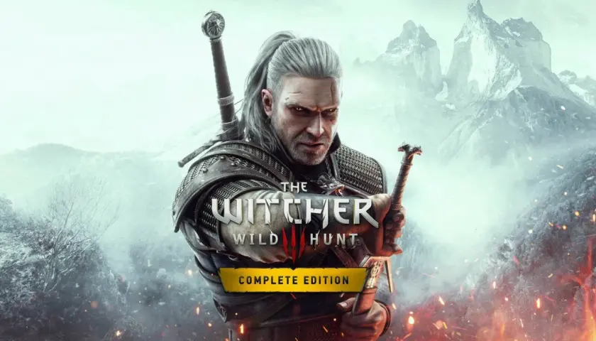 Geralt z Rivii, wiedźmin, z mieczami w dłoniach, na tle gór i płomieni. Jego spojrzenie zdaje się opowiadać smutną historię braci Grossbart.