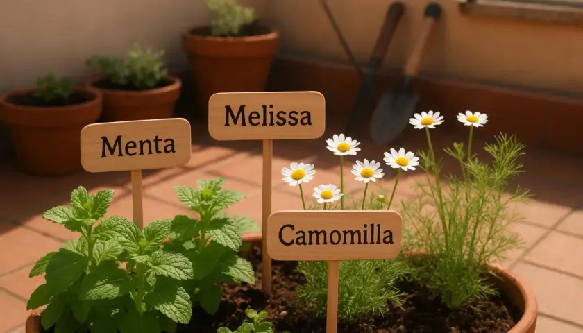 Un vaso con menta, melissa e camomilla, pronte per essere coltivate. La camomilla è in fiore, un segno che è il momento giusto per la semina.