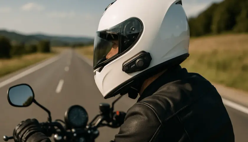 Motociclista con casco blanco y un intercomunicador moto legal, disfrutando de un viaje por carretera en un día soleado.
