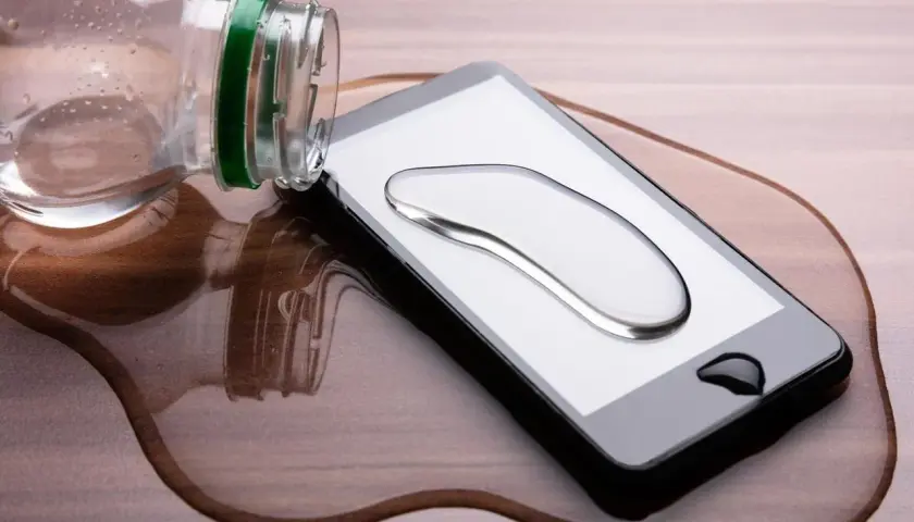 Telefon wpadł do wody, ale działa! Kropla wody na ekranie, a obok butelka.