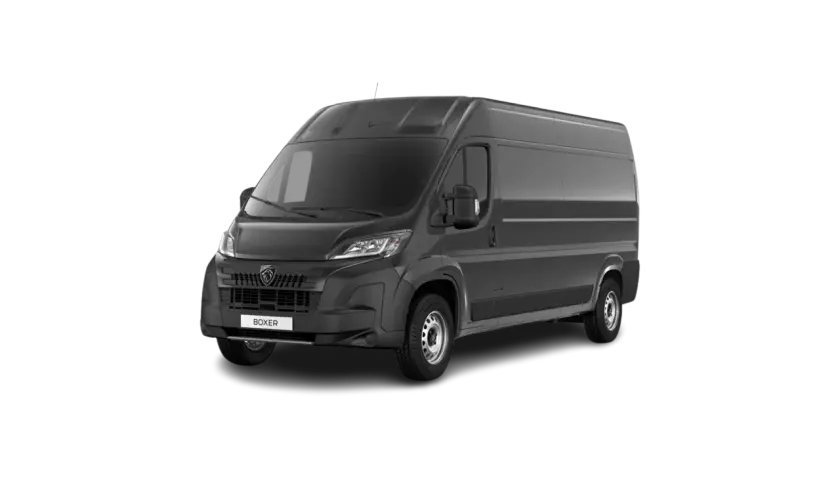 Szary Peugeot Boxer na czarnym tle. Sprawdź prawidłowe ciśnienie w oponach dla swojego Boxera, aby zapewnić bezpieczeństwo i komfort jazdy.