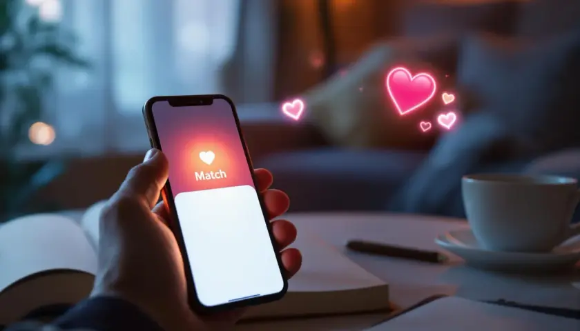 Dłoń trzyma smartfon z ekranem aplikacji randkowej, na którym widać napis "Match" i unoszące się serduszka. To idealny czas na tinder godziny szczytu.