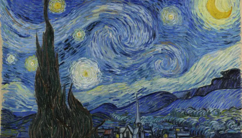 Wirujący nocny krajobraz Van Gogha, z cyprysem przypominającym ucho, gwiazdami i księżycem.