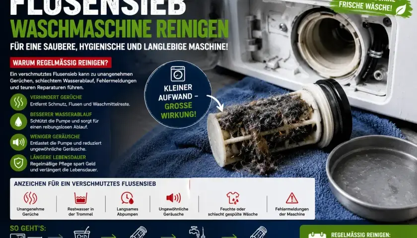 Ein stark verschmutztes Flusensieb einer Waschmaschine, voller Fusseln und Haaren. Regelmäßige Reinigung ist wichtig!