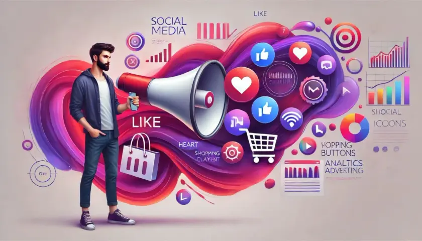 Mężczyzna z megafonem i ikonami social media. Wizualizacja działań promocyjnych, przykładów kampanii i analiz.