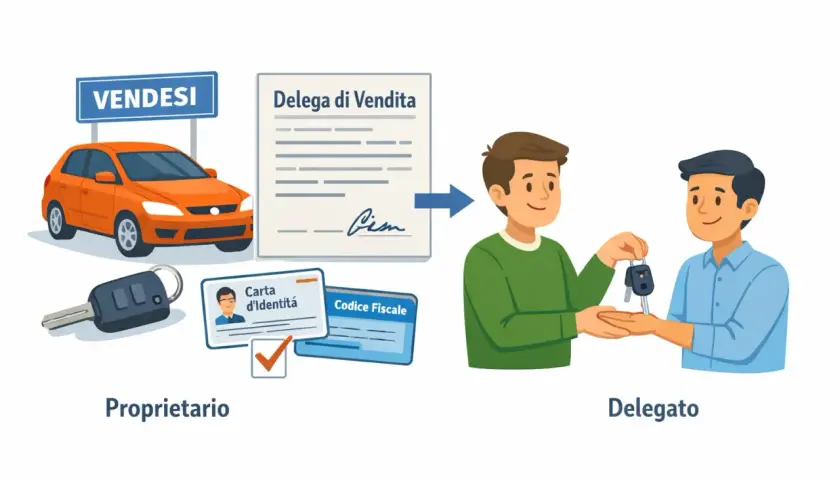 Un proprietario firma una delega per acquisto auto, consegnando chiavi e documenti a un delegato.