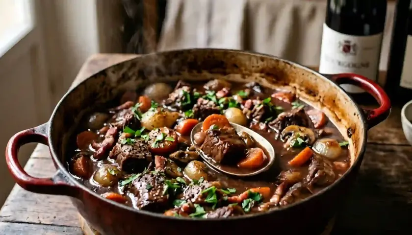 Un plat fumant de boeuf bourguignon, un délice pour les papilles et les pupilles, mijote dans une cocotte.