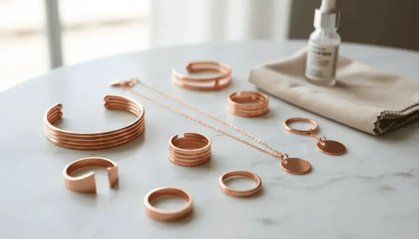 Joyas de cobre con estilo cowboy: pulseras, anillos y un collar con colgante, junto a un frasco y paño de limpieza.