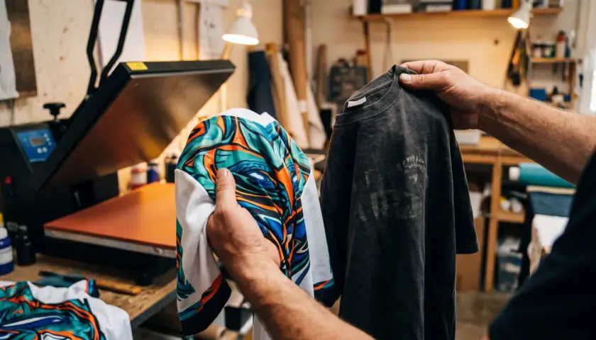 Un t-shirt avec un motif all over coloré est comparé à un t-shirt gris usé, prêt pour l'impression.