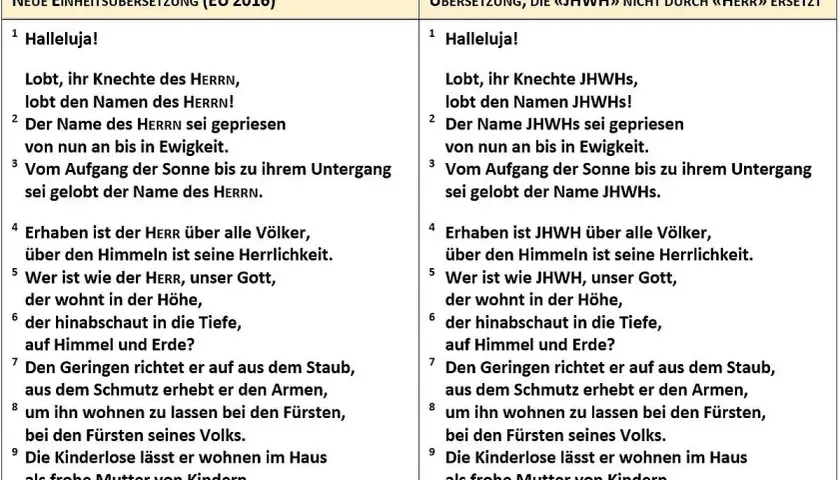 Zwei Bibelübersetzungen von Psalm 113, die die Bedeutung von "Halleluja" als Lobpreis Gottes hervorheben.