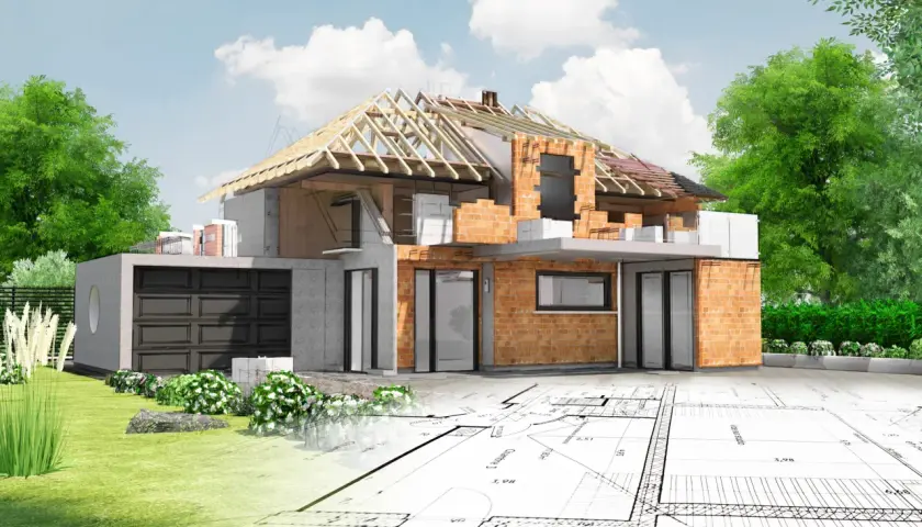 Dom w budowie z widokiem na plany architektoniczne i otaczającą zielenią.