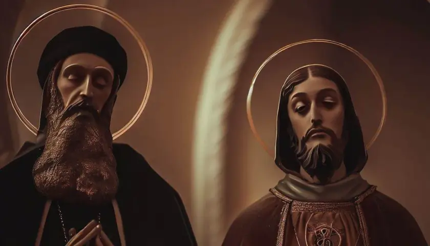 Dos figuras santas con halos dorados, una con barba larga y túnica negra, la otra con túnica marrón. Se celebra cuando es San Sergio.