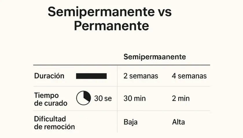 Tabla comparativa de duración, tiempo de curado y dificultad de remoción para coloración semipermanente y permanente.