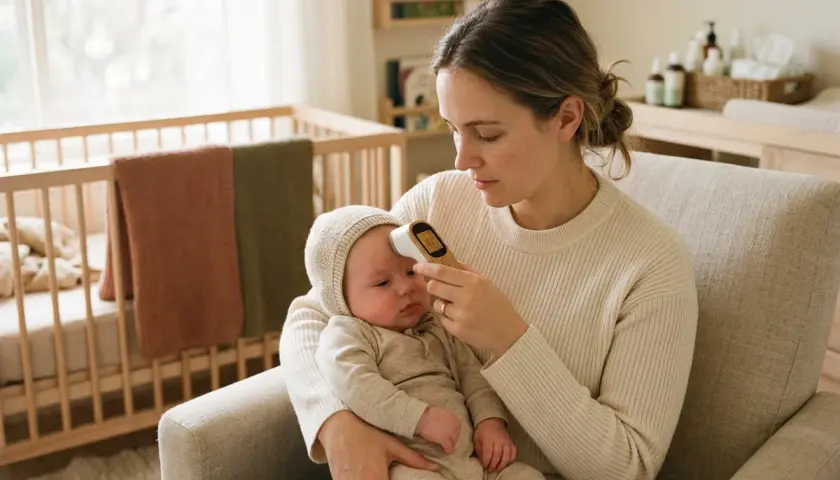 Mamma kollar temperaturen på sitt varma bebis utan feber med en termometer.