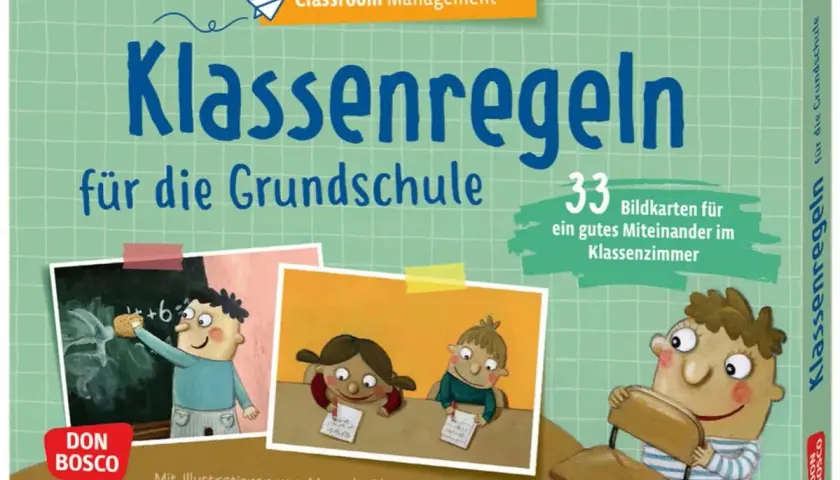 Klassenregeln für die Grundschule: 33 Bildkarten für ein gutes Miteinander im Klassenzimmer. Illustrationen zeigen Kinder beim Lernen und Spielen.