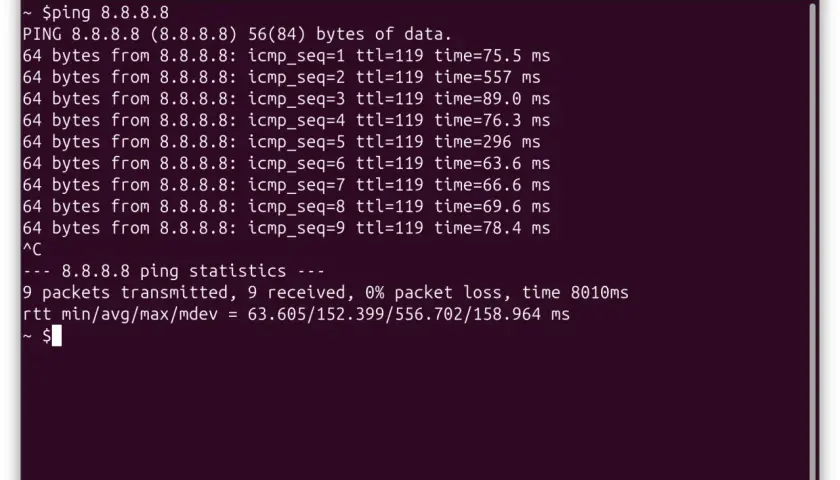 Wynik polecenia ping do 8.8.8.8. Pokazuje czas odpowiedzi pakietów, co to ping.