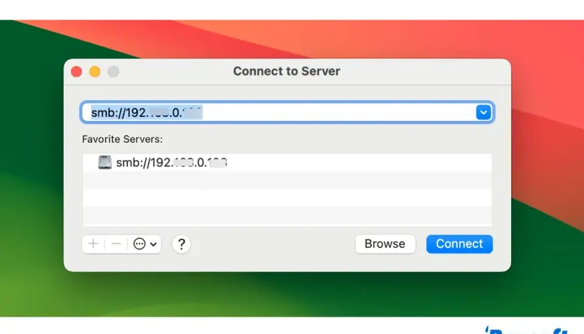 mac mit NAS verbinden: Eingabefeld zeigt "smb://192..." für Serververbindung. Favoritenliste enthält bereits eine SMB-Adresse.