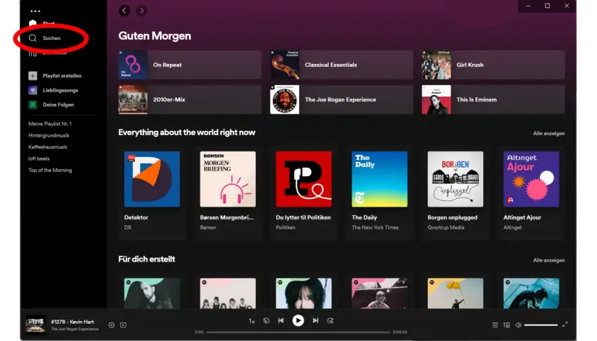 Spotify-Startseite mit Suchleiste. Hier siehst du deinen Spotify-Verlauf, z.B. "On Repeat" und "2010er-Mix".