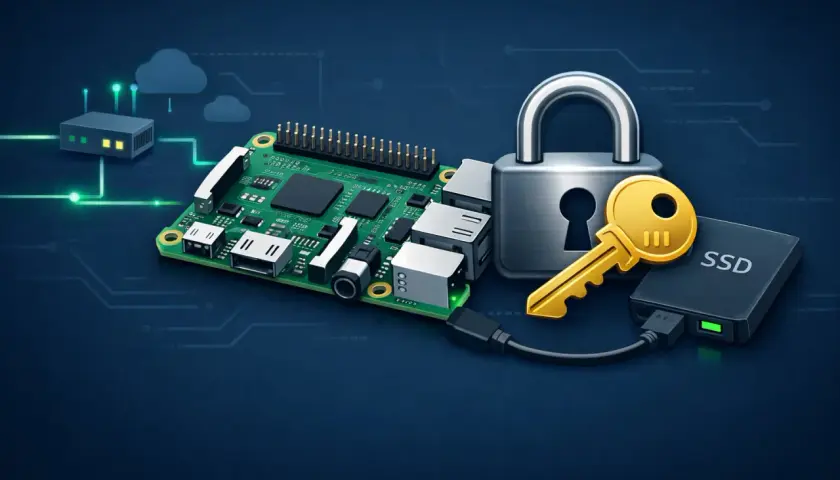 Sicherer Raspberry Pi Backup: Ein Schloss mit Schlüssel und eine SSD deuten auf den Schutz Ihrer Daten hin.