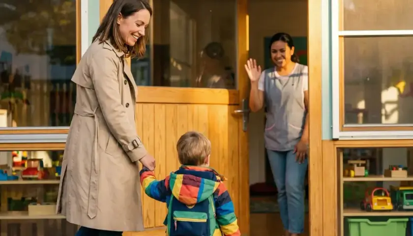 Mama z synkiem wychodzi z przedszkola. Nauczycielka macha na pożegnanie.