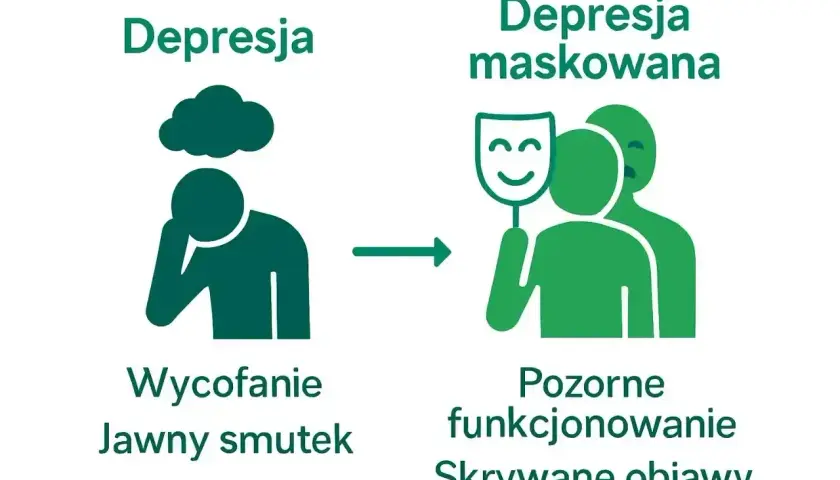 Ilustracja pokazuje przejście od jawnego smutku do pozornego funkcjonowania, gdzie depresja maskowana ukrywa prawdziwe emocje za uśmiechniętą maską.