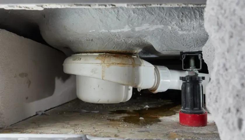 Undichter Duschabfluss mit Wasserflecken. Zeit, den abfluss dusche undicht reparieren.
