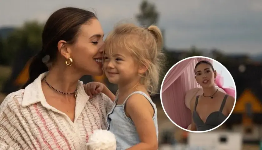 Klaudia Halejcio z córką, uśmiechnięte i blisko siebie. W okręgu Klaudia Halejcio w innym ujęciu.