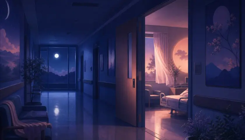 Un pasillo de hospital de noche, con una ventana que muestra la luna y montañas. Una habitación abierta revela una cama y una ventana con cortinas ondeando. Es como soñar con hospital.