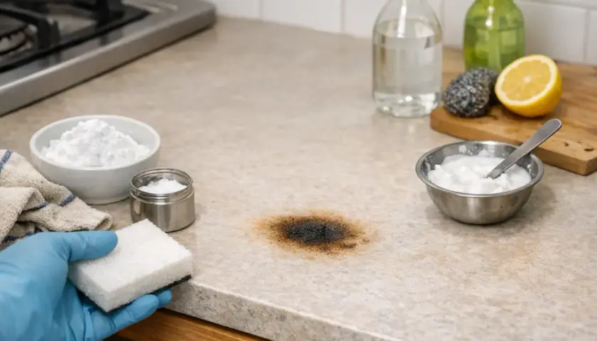 Maintenant, découvrez comment enlever une tache de brûlure sur votre plan de travail avec du bicarbonate de soude et du citron.