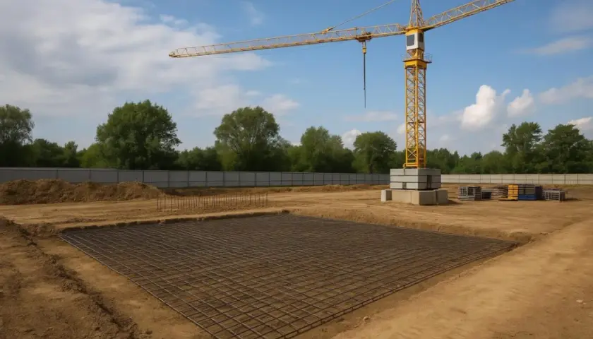 Żółty żuraw wieżowy na placu budowy z zbrojeniem fundamentów.