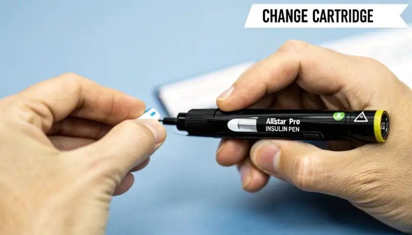 Instrukcja jak wymienić insulinę w penie. Dłoń trzyma czarny pen z napisem "Allstar Pro INSULIN PEN" i wyjmuje z niego białą końcówkę.