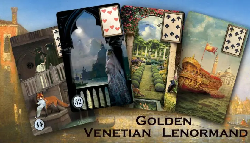 Karty do wróżb "Golden Venetian Lenormand" przedstawiają sceny z Wenecji: lis z ptakiem, dama w welonie, ogród, galeon.