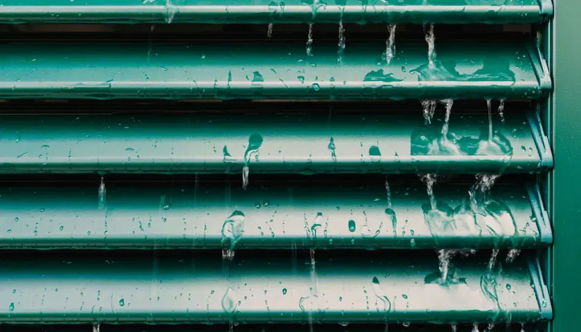 Acqua che scorre su persiane verdi, un esempio visivo per capire come pulire le persiane in ferro.